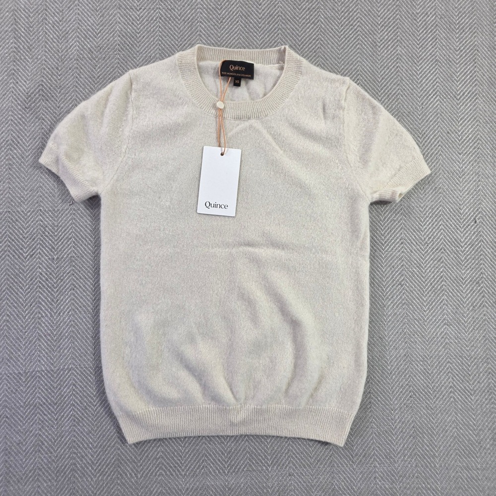 NWT Quince Womens XS Ivory Mongolian Cashmere Short Sleeve Crewneck Sweater Tee